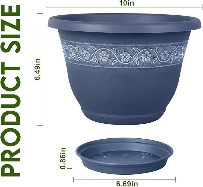 10 Inch Plant Pots with Drainage Hole - Lightweight Flower Pots for Herbs and Flowers - Home Decor Plastic Planters for Indoor Outdoor Plants- Pack of 4 (Blue, 10 inch) by GreenHaven Gardens