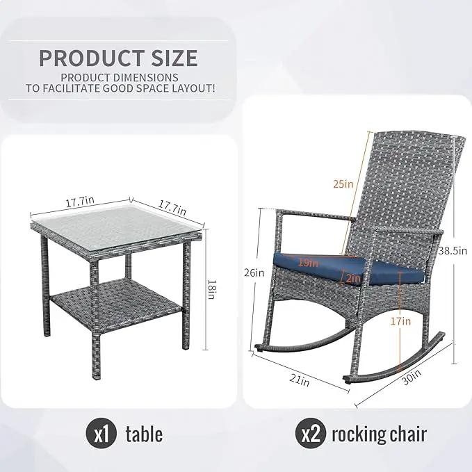 Rocking Chair Outdoor 3 Pieces High-Backed Patio Rocking Chairs Bistro Table and Chairs Set of 2, Navy Blue by GreenHaven Gardens