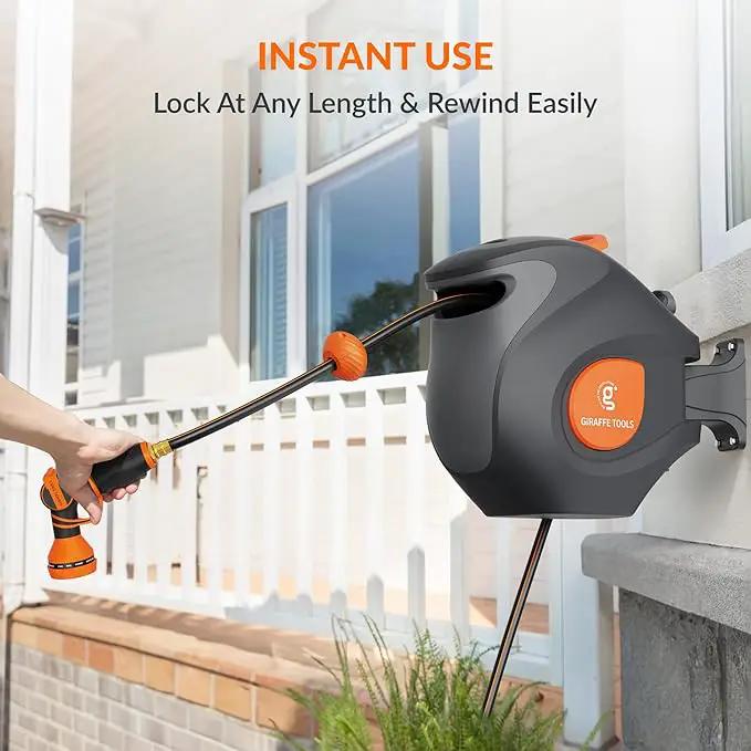 Giraffe Tools BW35 Retractable Garden Hose Reel | Wall-Mounted, Automatic Rewind, 100ft 1/2" Hose with 9-Pattern Spray Nozzle | Outdoor, Lawn, Garden & Car Cleaning Use by GreenHaven Gardens
