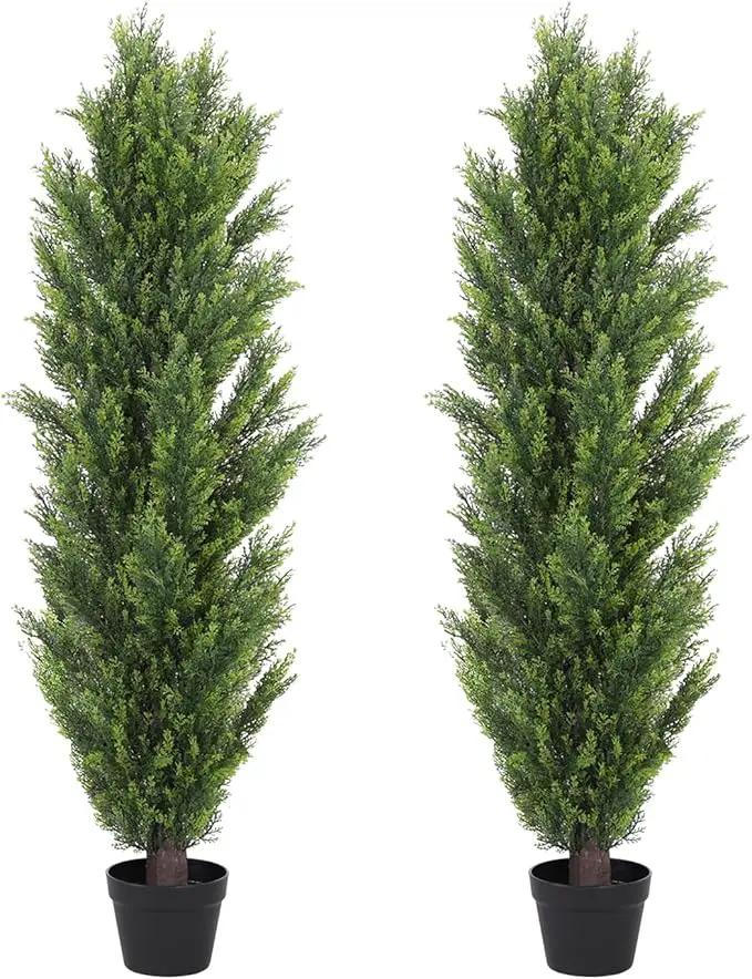 THE BLOOM TIMES 5ft Topiary Trees Artificial Outdoor – UV Resistant Faux Cedar Pine Cypress Bushes and Shrubs, Fake Potted Plants for Front Porch Outside Planter Patio Decor, Set of 2 (5 Foot) by GreenHaven Gardens