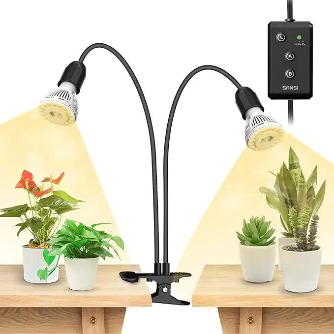 SANSI LED Grow Lights for Indoor Plants, Lifetime Free Bulb Replacement, 300W Full Spectrum Dual Gooseneck Clip Plant Grow Light, Plant Light with Timer 4/8/12 Hrs, High PPFD Growing Power Grow Lamp by GreenHaven Gardens