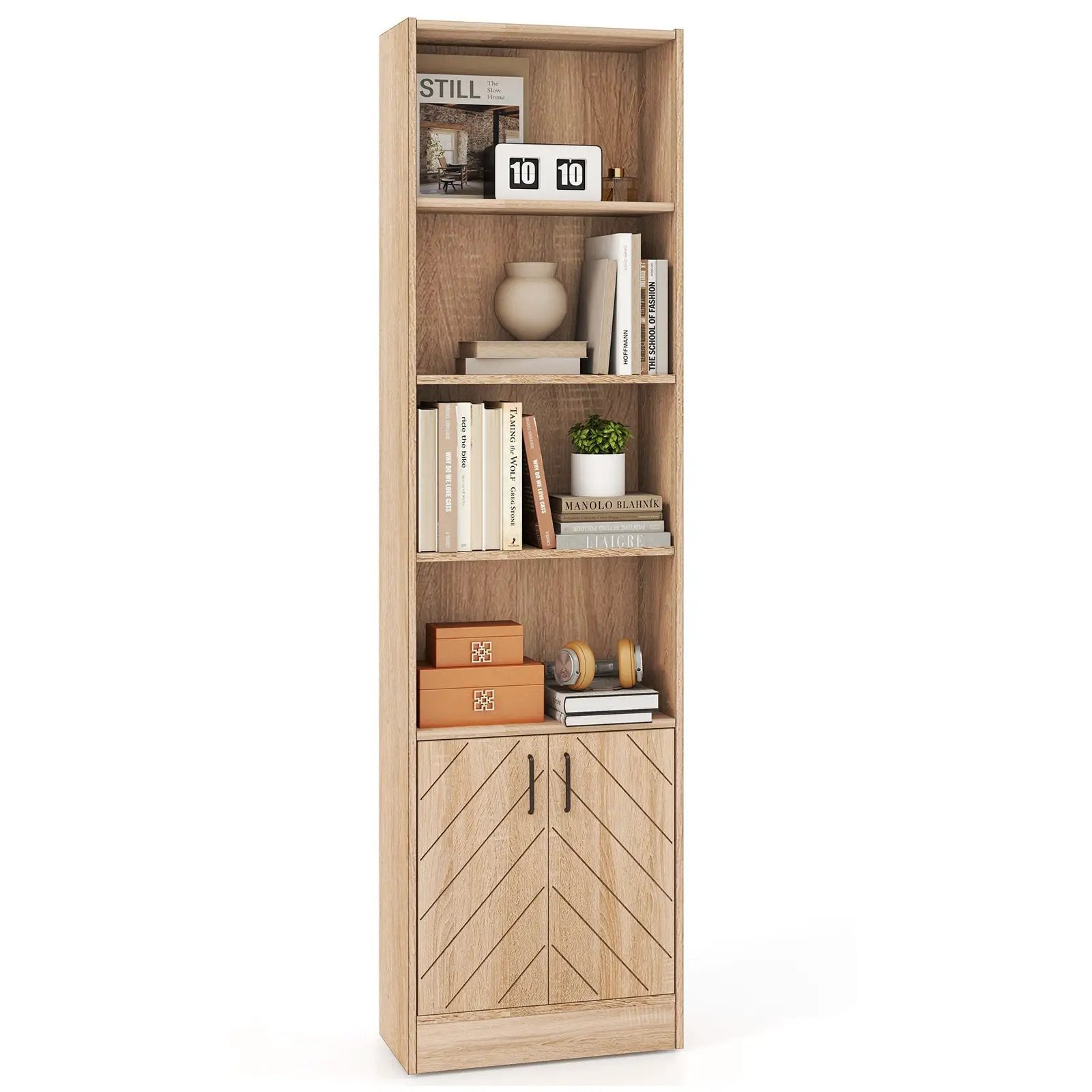 71 Inch 6-Tier Tall Bookshelf with Double Doors 4 Open Cubes-Oak by DirectDeals