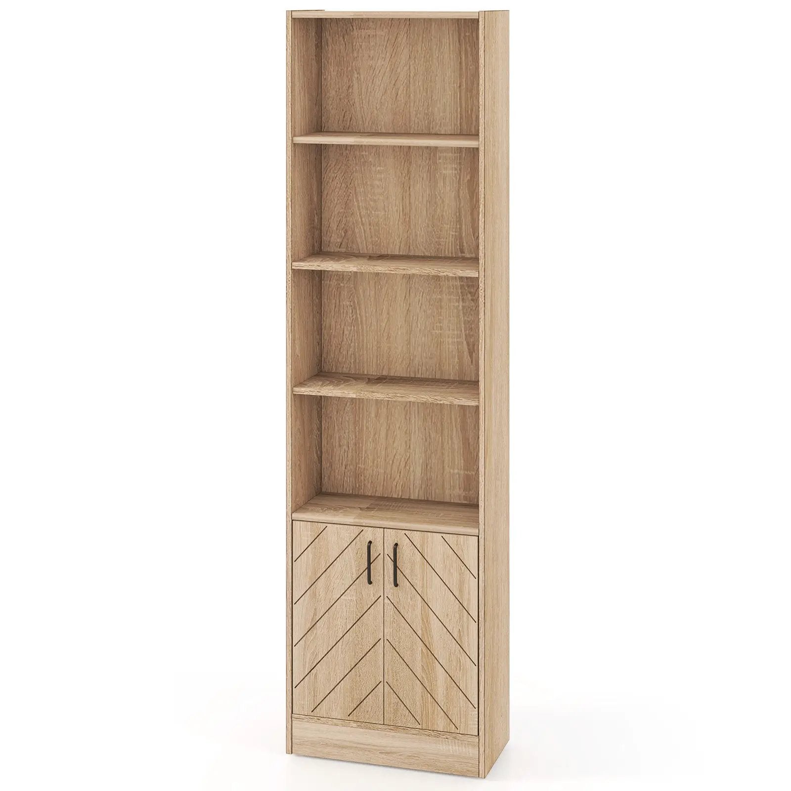 71 Inch 6-Tier Tall Bookshelf with Double Doors 4 Open Cubes-Oak by DirectDeals