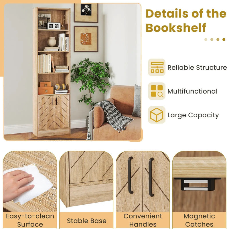 71 Inch 6-Tier Tall Bookshelf with Double Doors 4 Open Cubes-Oak by DirectDeals