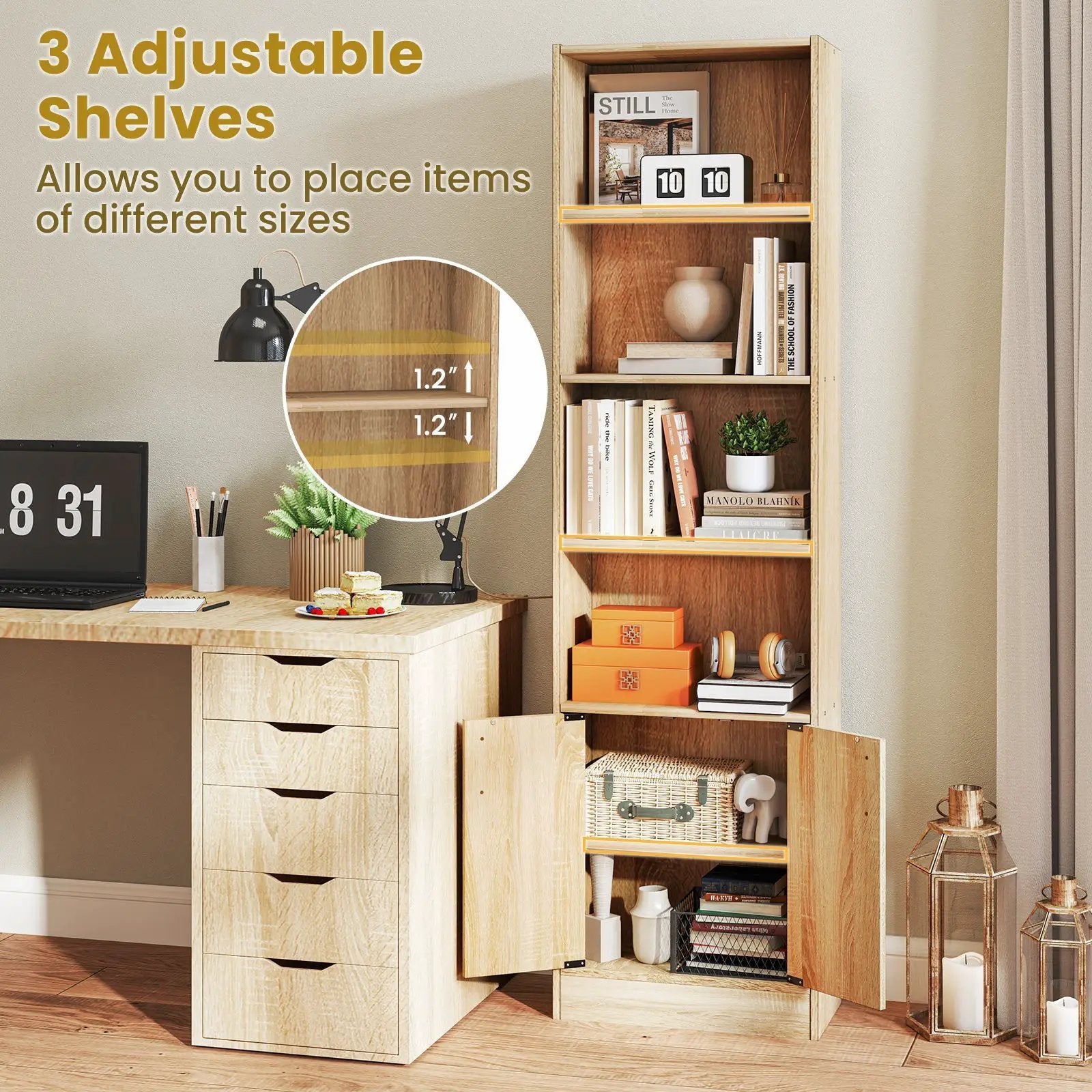 71 Inch 6-Tier Tall Bookshelf with Double Doors 4 Open Cubes-Oak by DirectDeals