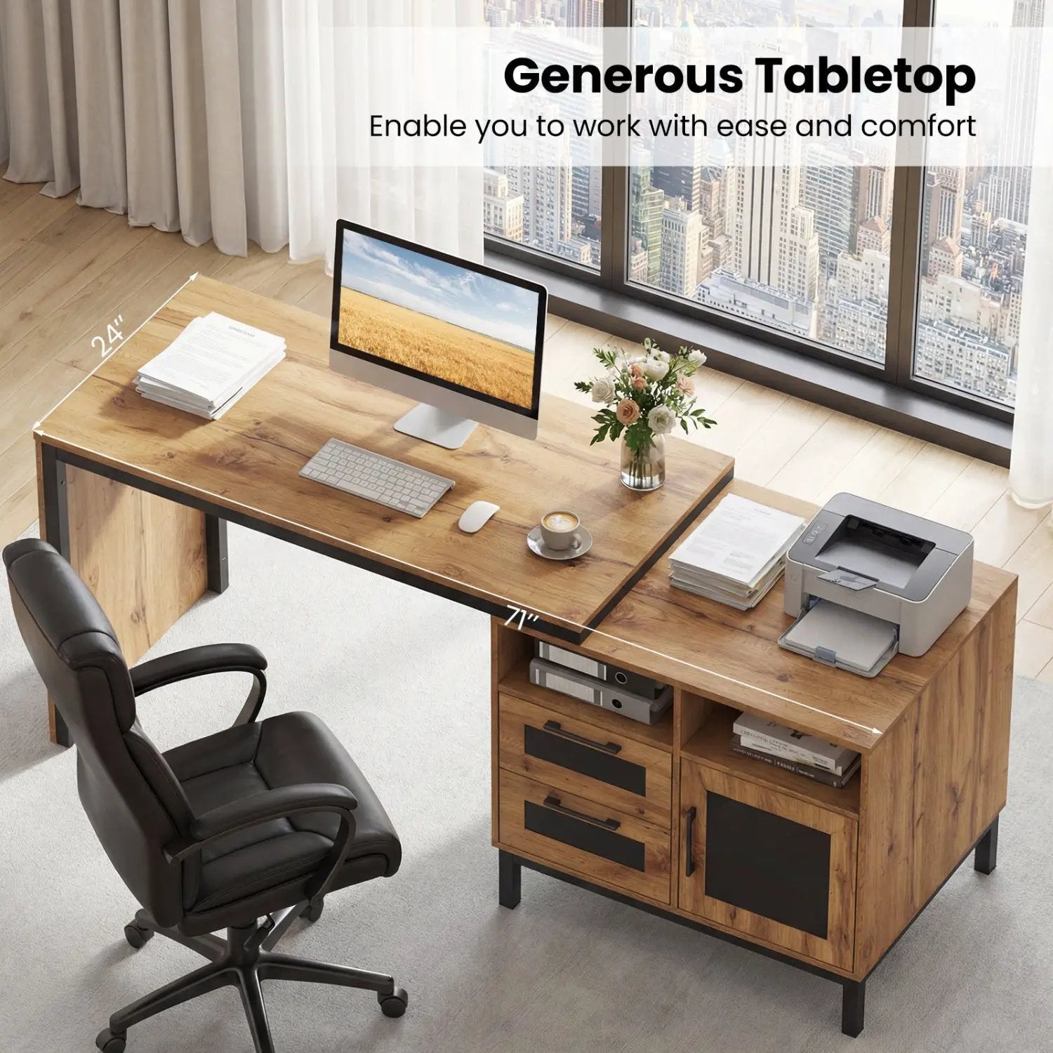 71-Inch Computer Table with Open Compartments and Drawers by DirectDeals