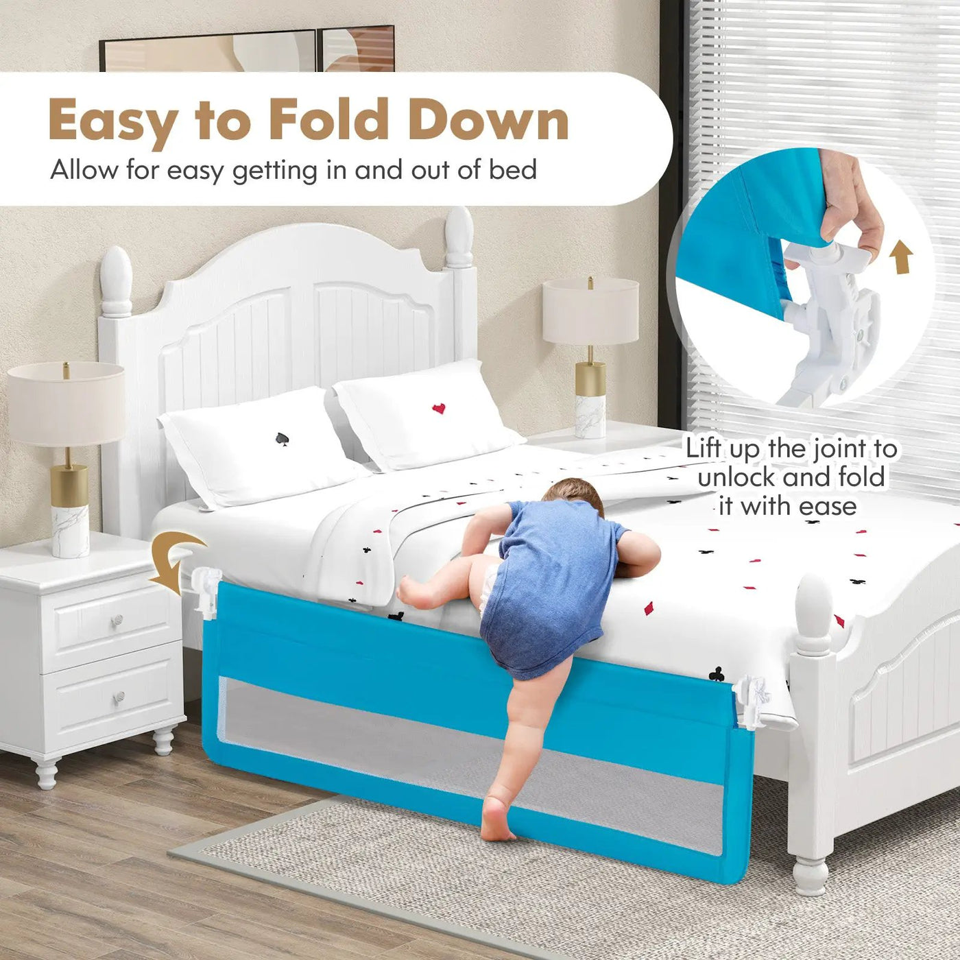 71 Inch Extra Long Swing Down Bed Guardrail with Safety Straps by DirectDeals