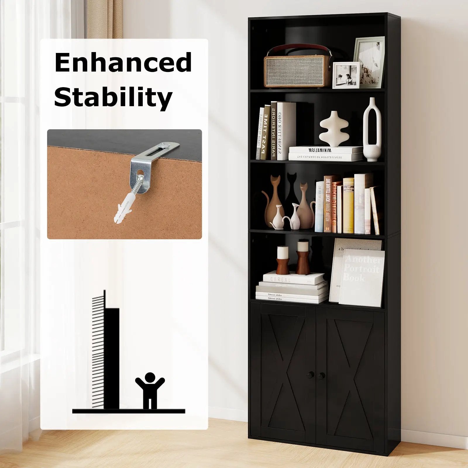 71 Inch Freestanding Bookshelf with 6 Shelves and 2-Door Cabinet by DirectDeals