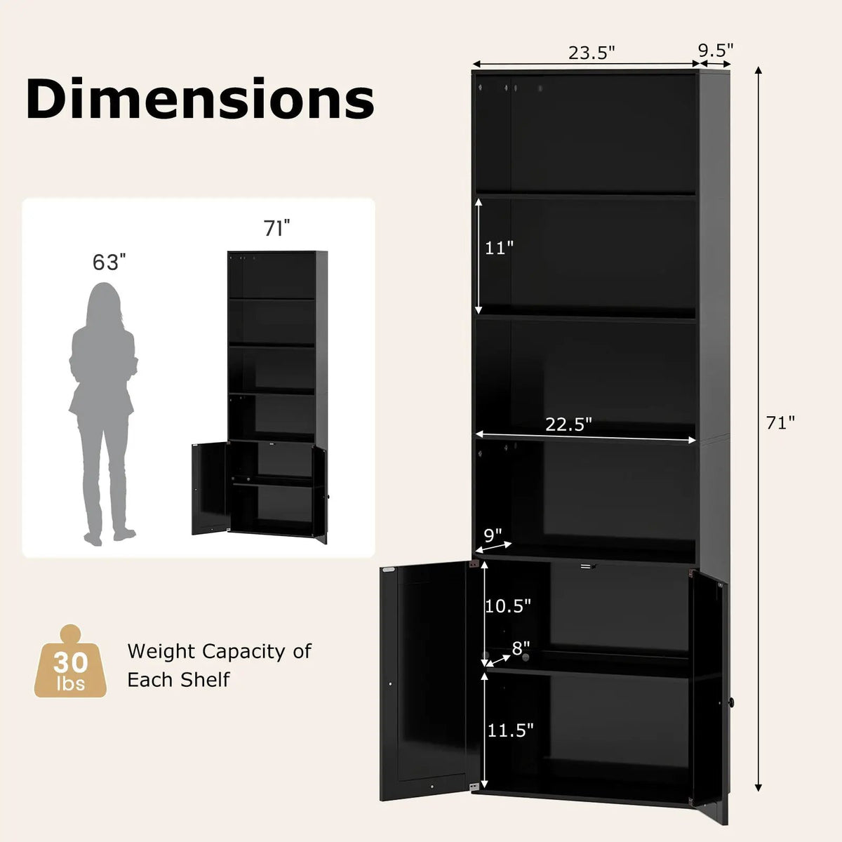 71 Inch Freestanding Bookshelf with 6 Shelves and 2-Door Cabinet by DirectDeals