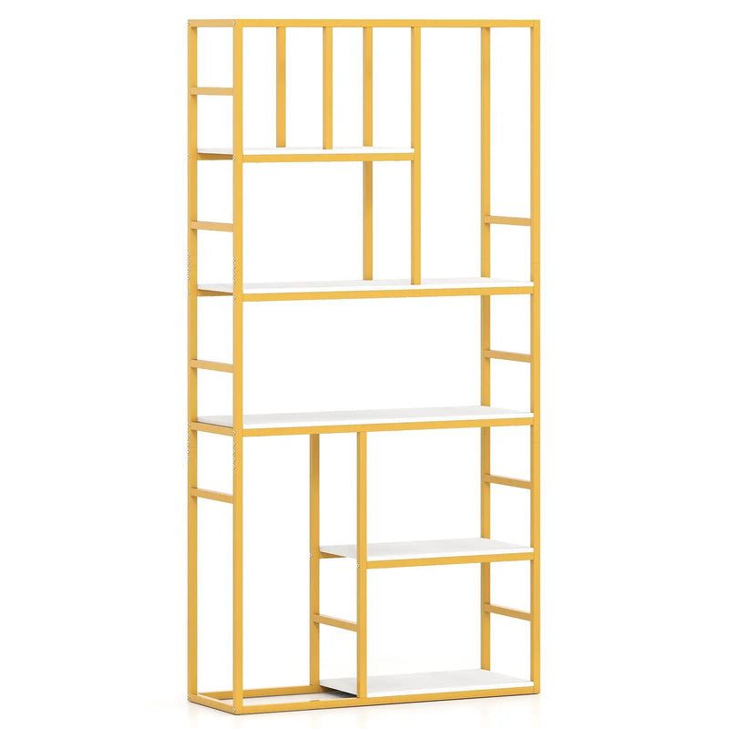 71 Inch Tall Bookshelf Metal Frame 5-Tier Geometric Bookcase-White & Golden by DirectDeals