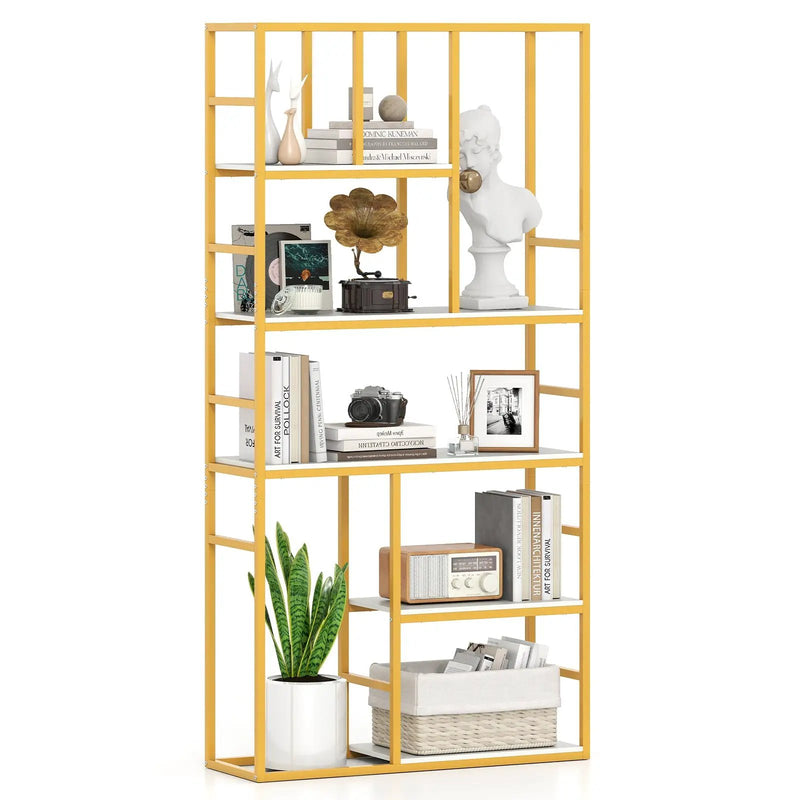 71 Inch Tall Bookshelf Metal Frame 5-Tier Geometric Bookcase-White & Golden by DirectDeals