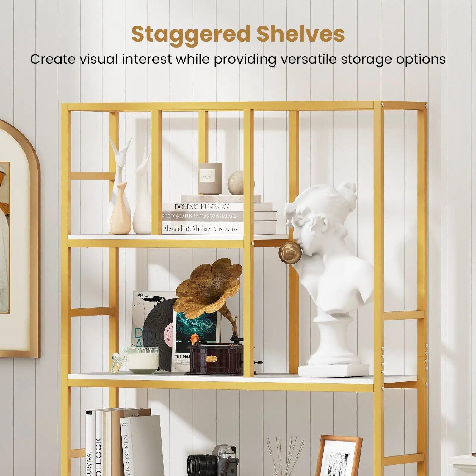71 Inch Tall Bookshelf Metal Frame 5-Tier Geometric Bookcase-White & Golden by DirectDeals
