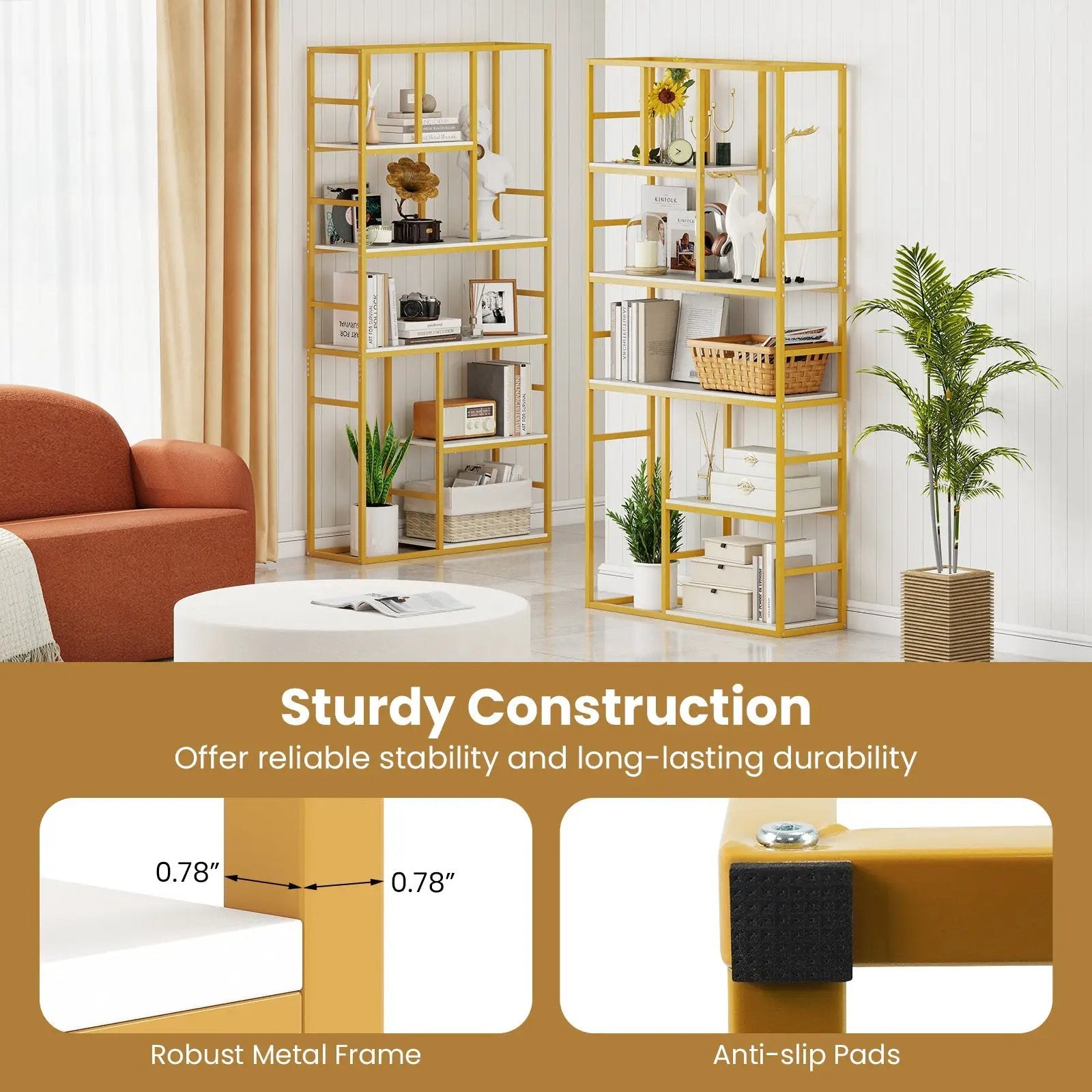 71 Inch Tall Bookshelf Metal Frame 5-Tier Geometric Bookcase-White & Golden by DirectDeals
