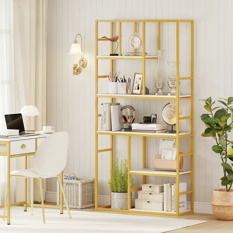 71 Inch Tall Bookshelf Metal Frame 5-Tier Geometric Bookcase-White & Golden by DirectDeals