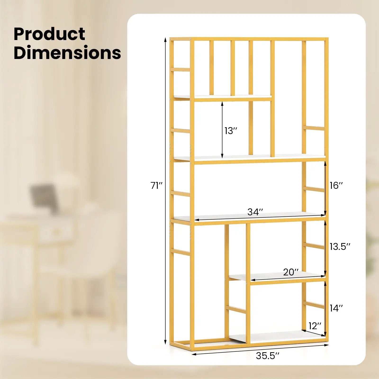71 Inch Tall Bookshelf Metal Frame 5-Tier Geometric Bookcase-White & Golden by DirectDeals