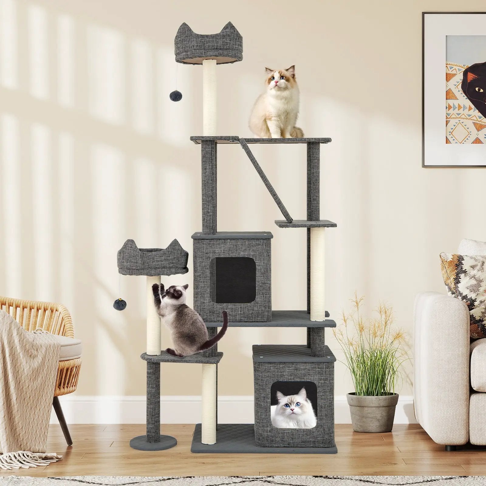 71 Inch Tall Cat Tree Multi-Level Large Cat Tower with Scratching Posts-Grey by DirectDeals