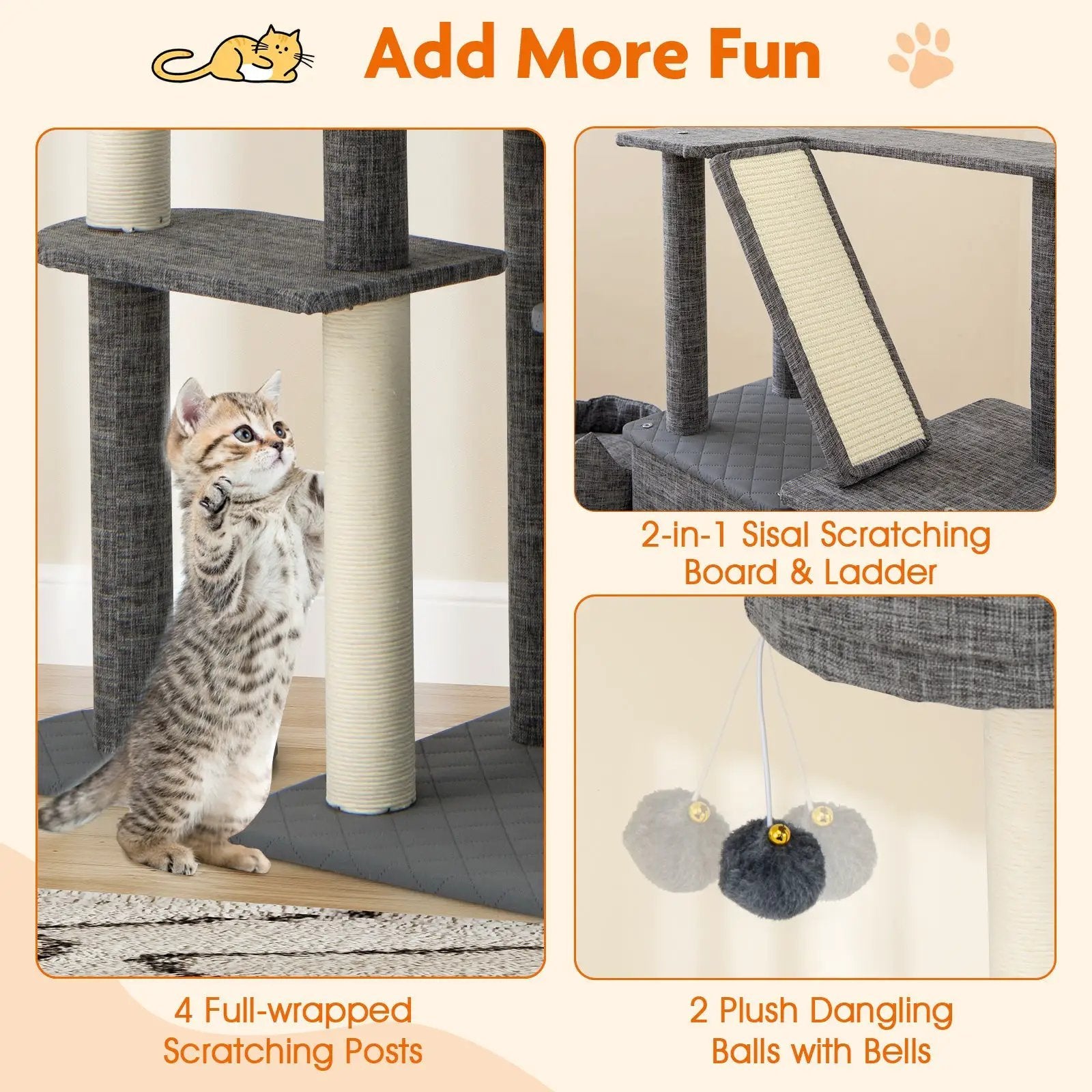 71 Inch Tall Cat Tree Multi-Level Large Cat Tower with Scratching Posts-Grey by DirectDeals