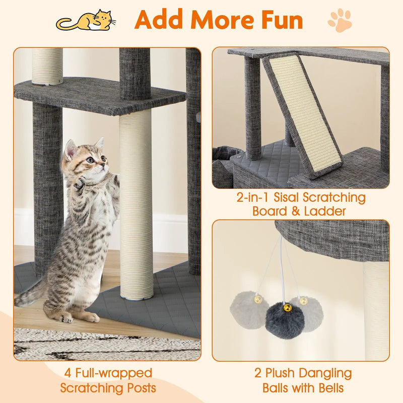 71 Inch Tall Cat Tree Multi-Level Large Cat Tower with Scratching Posts-Grey by DirectDeals