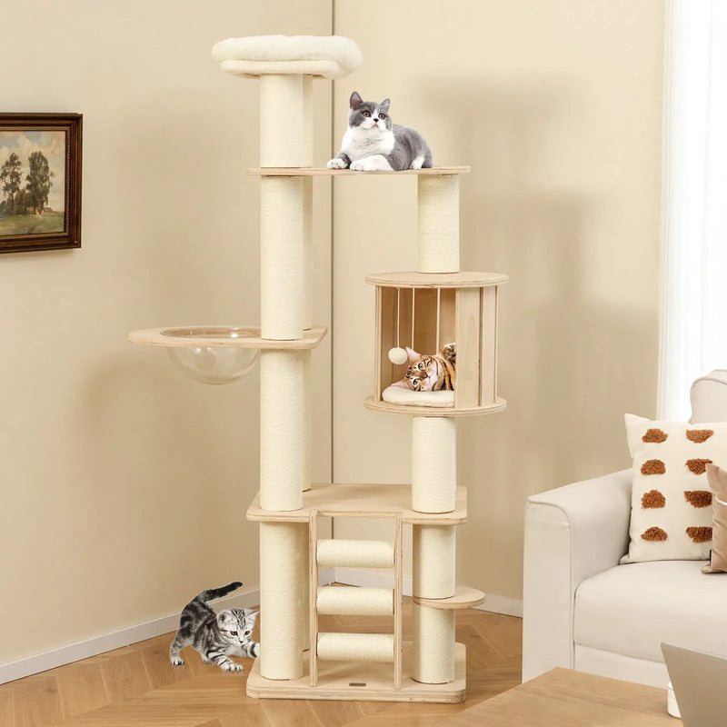 71 Inch Tall Cat Tree Wooden Cat Tower with Cozy Perch Condo Space Capsule-Natural by DirectDeals