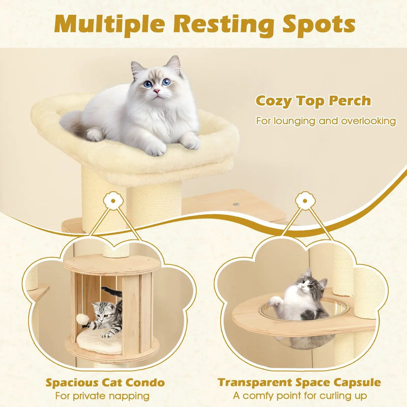 71 Inch Tall Cat Tree Wooden Cat Tower with Cozy Perch Condo Space Capsule-Natural by DirectDeals