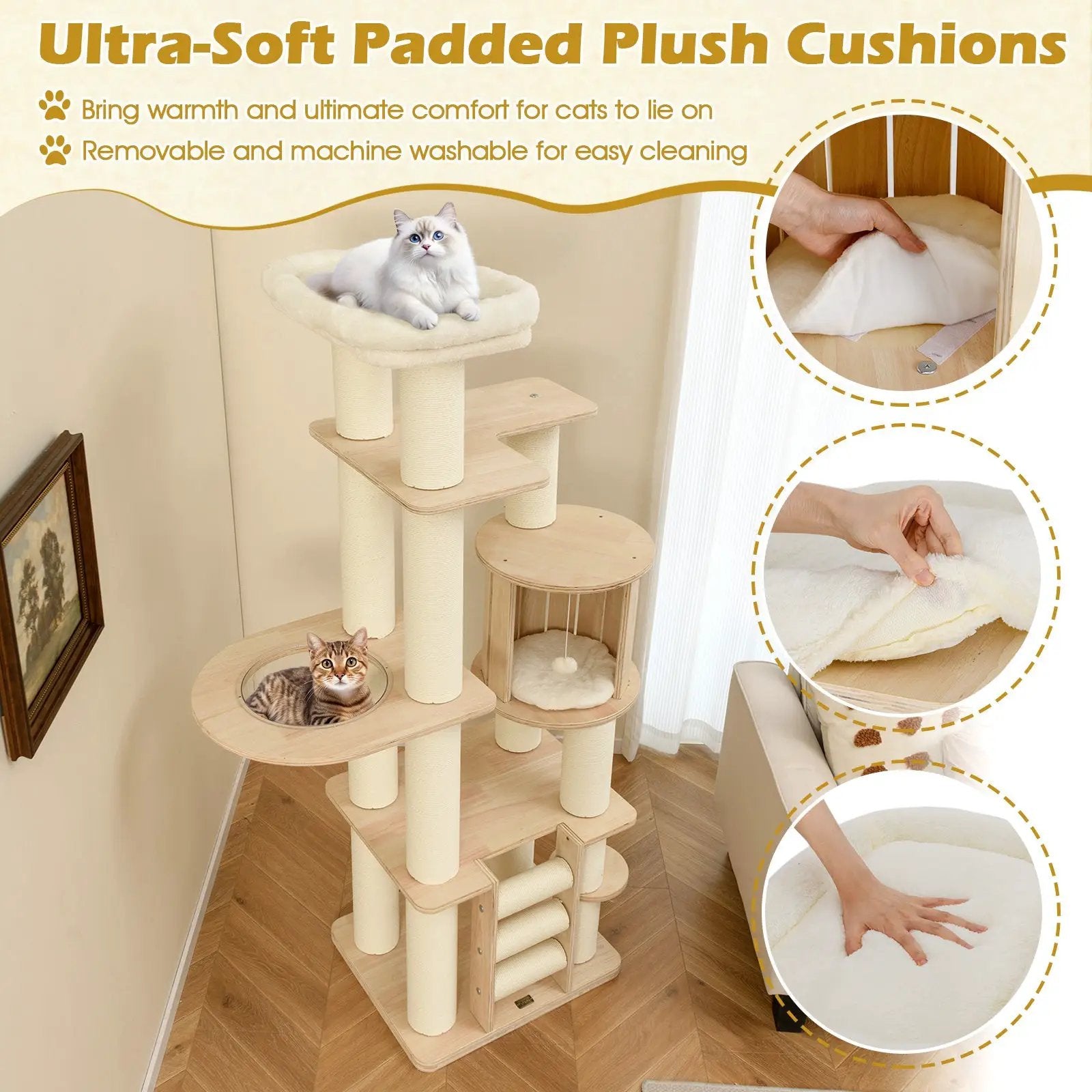 71 Inch Tall Cat Tree Wooden Cat Tower with Cozy Perch Condo Space Capsule-Natural by DirectDeals