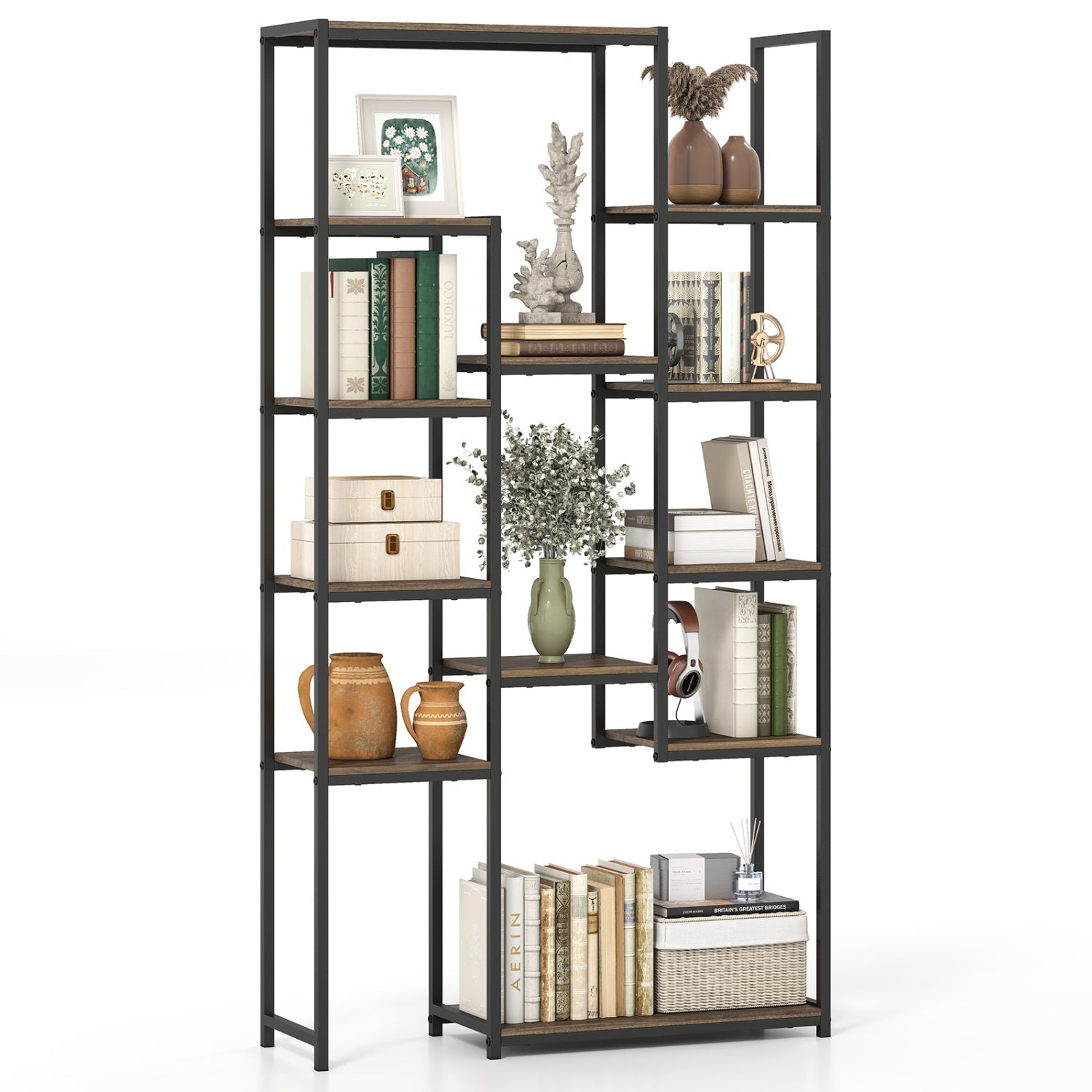 71 Inch Tall Vintage Geometric Bookshelf 12 Open Shelves-Walnut by DirectDeals