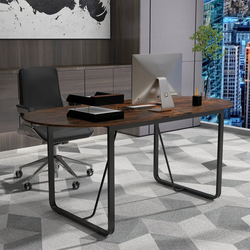 71 Inches Executive Table Oval Home Office Table with Cable Management Hole-Rustic Brown by DirectDeals