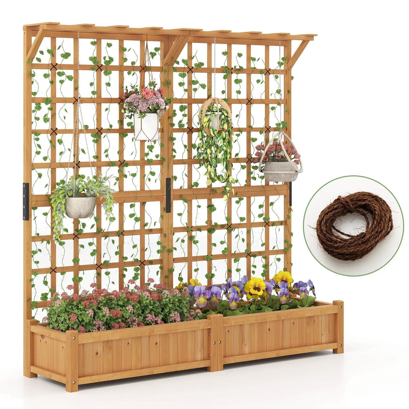 71 Inches Large Wooden Planter Container with Trellis and Hanging Roof-Orange by DirectDeals