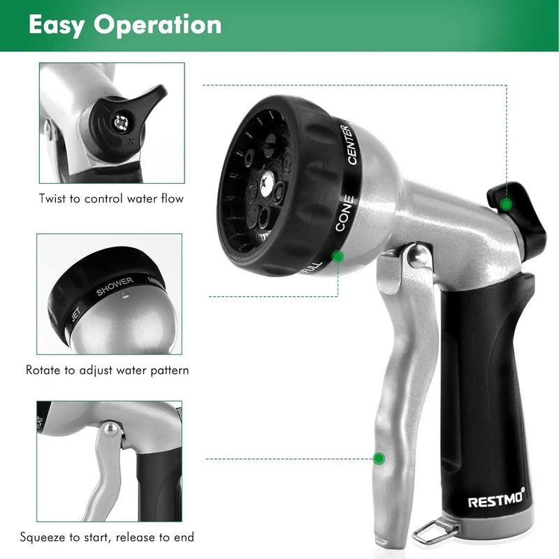 RESTMO Garden Hose Nozzle, Heavy Duty Metal Water Nozzle with 7 Adjustable Spray Patterns, High Pressure Hand Sprayer with Flow Control, for Watering Plants & Lawns, Washing Cars & Pets, Black by GreenHaven Gardens