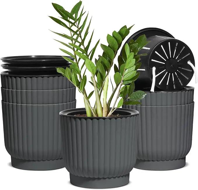 T4U 6 Inch Self Watering Pots for Indoor Plants, 6 Pack Planters for Indoor Plants, Durable Plastic Charcoal Gray Pots for Indoor Plants, African Violets, Flower by GreenHaven Gardens