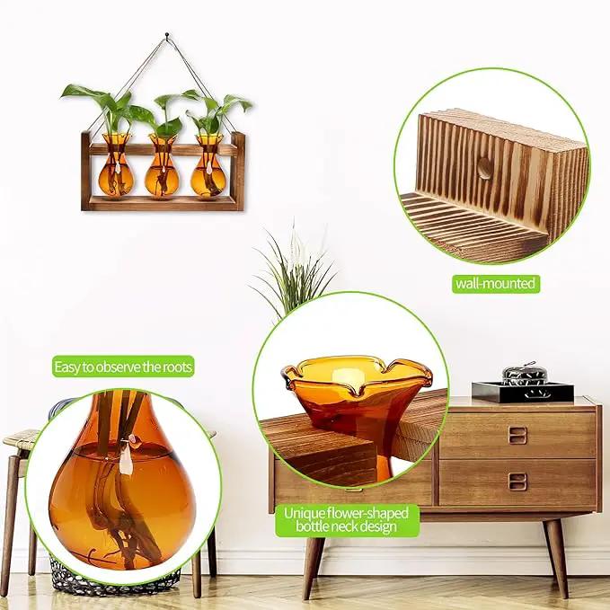 Plant Propagation Station Plant Terrarium Unique Birthday Gifts for Women Plant Lovers Home Office Decor Planter with Wooden Stand - 3 Bulb Glass Vase by GreenHaven Gardens