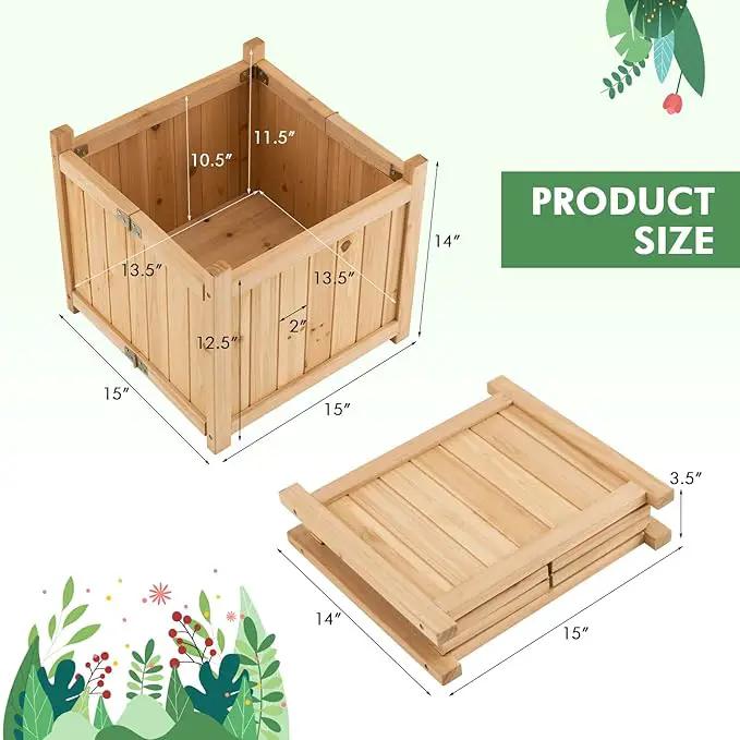 S AFSTAR Outdoor Wooden Planter Box, Folding Raised Garden Bed W/Drainage Hole, Patio Square Plant Container for Flowers, Vegetables, Fruits, Herbs, Collapsible Planting Box for Yard, 15" x 15" x 14" by GreenHaven Gardens