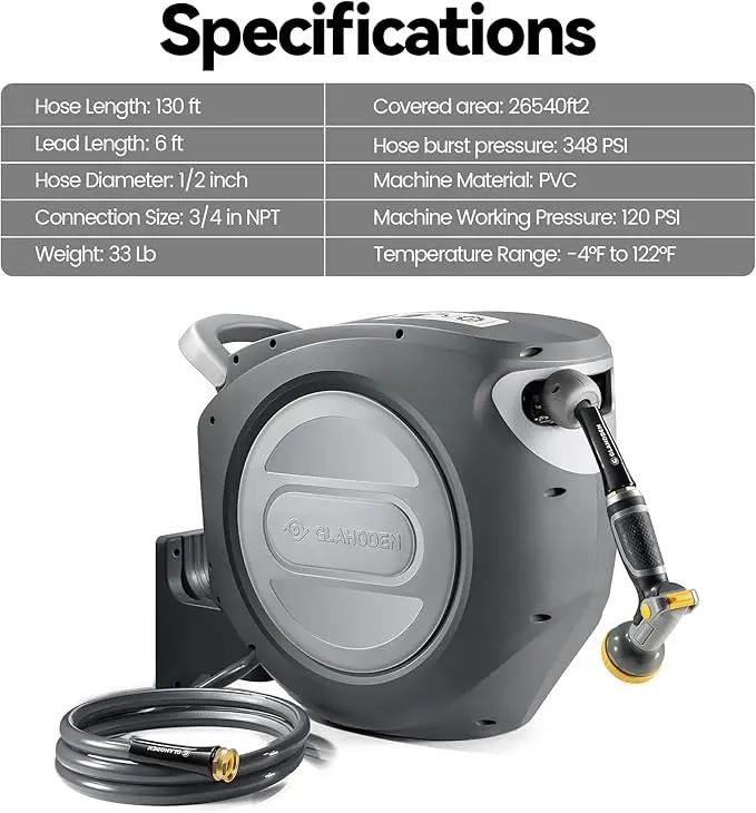 Retractable Garden Hose Reel 1/2 in x 130 ft Upgraded UV Resistant Heavy Duty Automatic Hose Reel Wall Mount 3/4 in Brass Fitting 9 Pattern Nozzle Any Length Lock Slow Retraction by GreenHaven Gardens