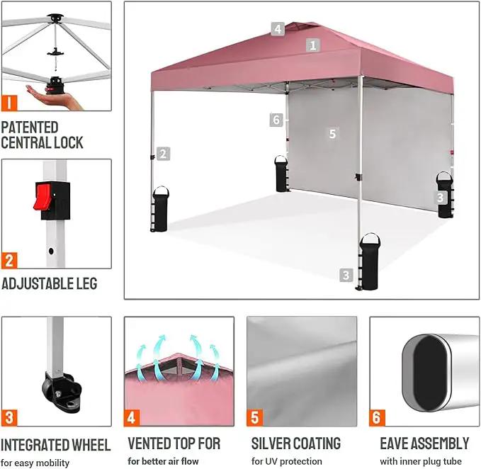 CROWN SHADES 10x10 Pop Up Canopy with 1 Side Wall - Beach Tent with One Push Setup - Outdoor Sun Shade for Events, Parties, Camping - Gazebo with STO-N-Go Cover Bag (Pink) by GreenHaven Gardens