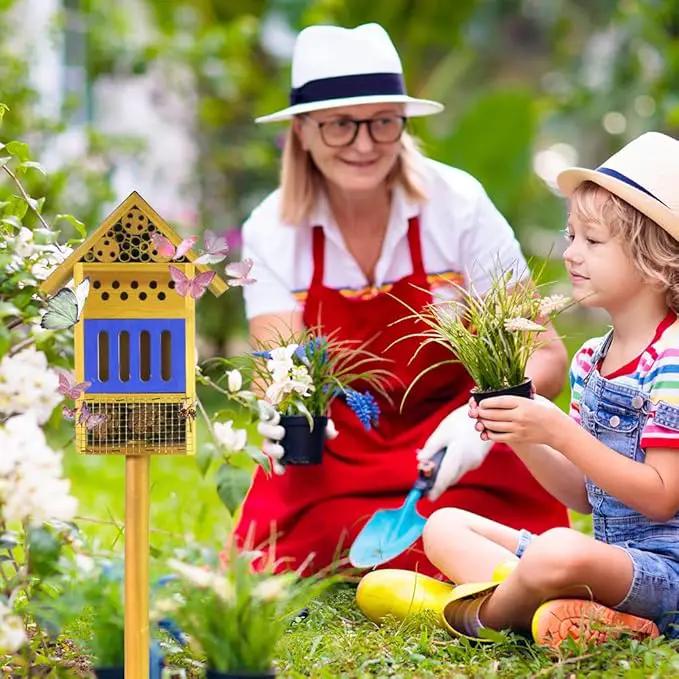 Wooden Butterfly House & Bee House for The Garden, Durable Bug Hotel W/Wooden Stake and Iron Roof, Insect Habitat On The Ground Or Hanging On The Tree, for Butterfly, Bee, Ladybug, Bug by GreenHaven Gardens