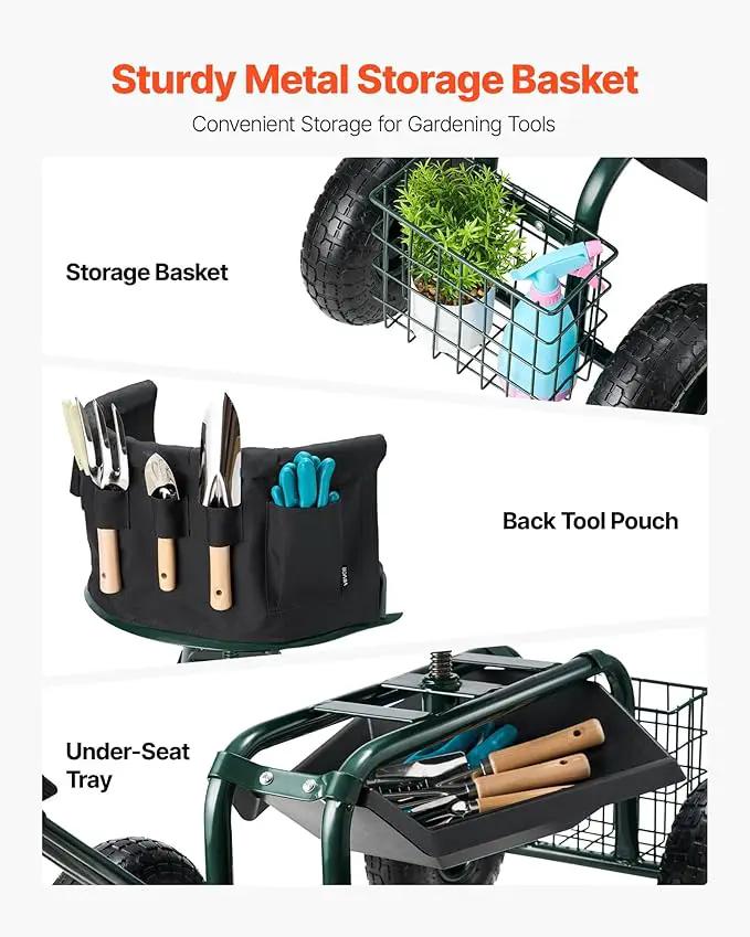 VEVOR Rolling Garden Seat with Wheels, Gardening Stool with Height Adjustable & 360°Swivel Seat, Ergonomic Backrest & Tool Storage, 400lbs Weight Capacity, Garden Scooter Wagon Cart for Yard, Patio by GreenHaven Gardens