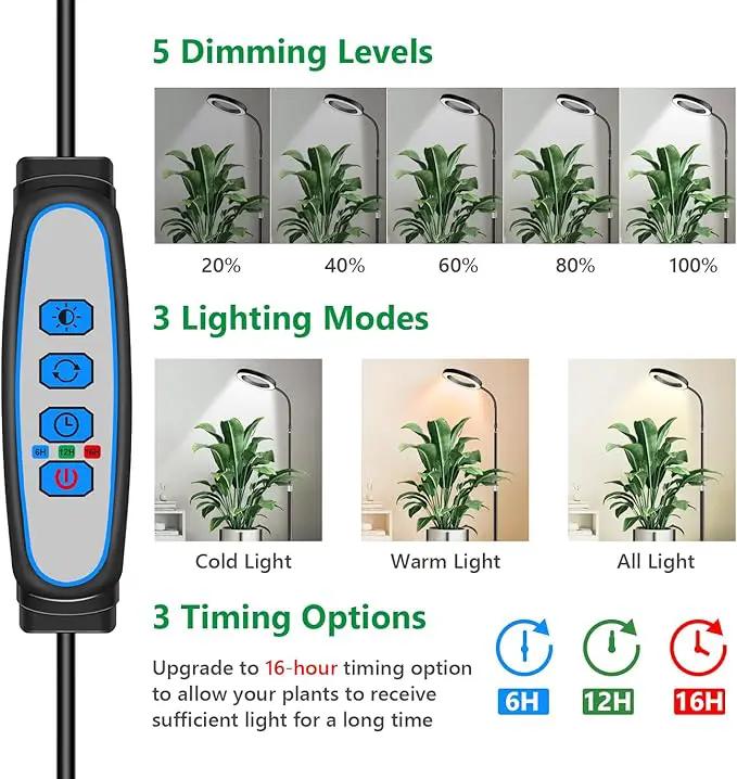 Grow Lights for Indoor Plants, Full Spectrum Floor Standing Plant Lights with 68" Stand for Growing Large Tall Plants, Black Halo LED Plant Grow Light with 6/12/16H Timer by GreenHaven Gardens