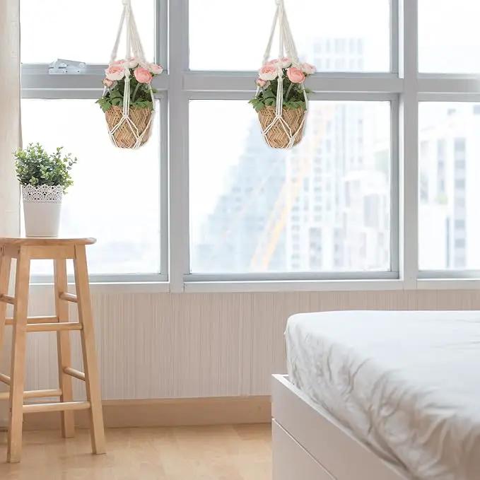 2 PCS Macrame Plant Hanger Indoor Hanging Plant Holder Hand-Woven Cotton Rope Flower Pot Basket with Metal Hook Rings Window Plant Hanger for Outdoor Hanging Pots Home Boho Decor, No Tassels, 23.6" by GreenHaven Gardens