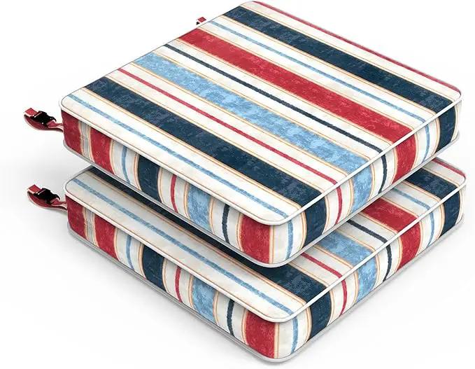 LVTXIII Patio Chair Cushions 19"x19"x3", Water-Repellent Outdoor Seat Cushions for Patio Furniture, Square Chair Pads with Ties for Home Garden Decoration, Set of 2, Stripe Red Blue by GreenHaven Gardens