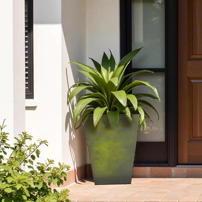 Worth Garden Large Metal Glazed Floor Planter Set of 2-14" Dia x 18" H - Luxurious Glossy Finish Green Tall Square Tapered Steel Plant Pots, Decor Flower Pot Indoor & Outdoor, Drainage Hole by GreenHaven Gardens