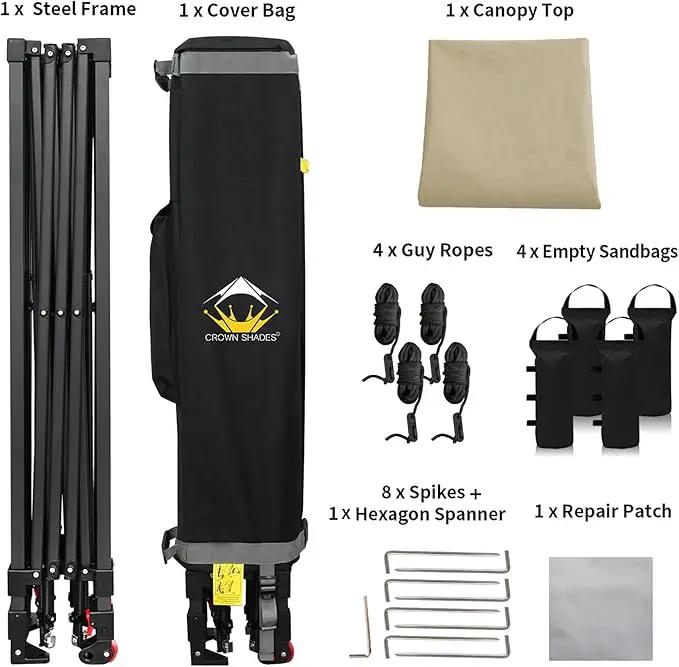 CROWN SHADES 10x10 Pop Up Canopy Tent - Patented Center Lock One Push Instant Outdoor Canopy Beach Tent with STO-N-Go Bag 8 Stakes & 4 Sand Bags，Khaki by GreenHaven Gardens
