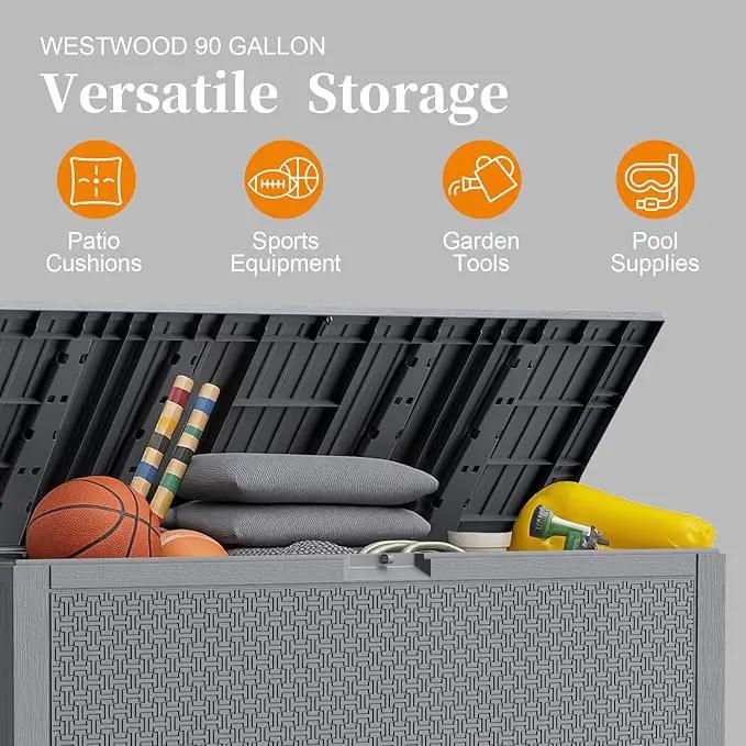 Outdoor Storage Box, 90 Gallon Deck Box, Waterproof Resin Storage Bin for Patio Cushions, Gardening Tools, Lockable, UV Resistant, Grey by GreenHaven Gardens