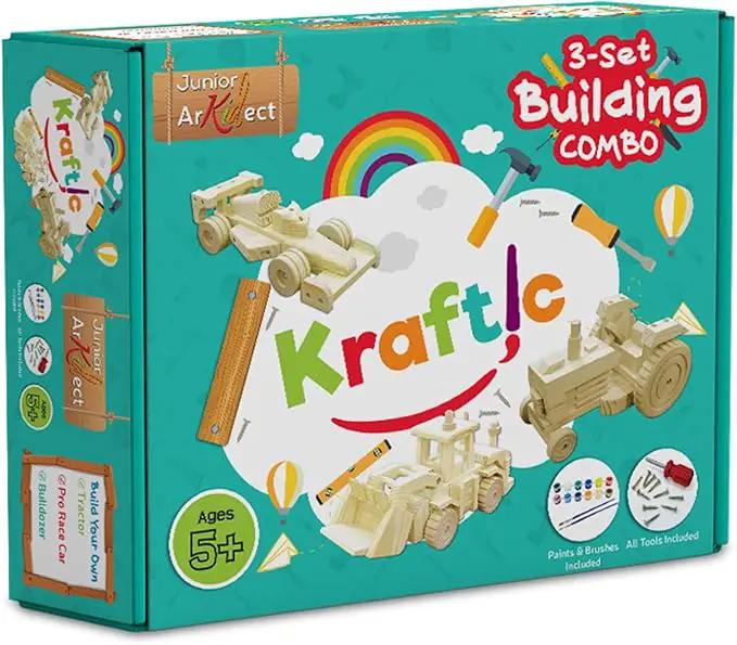 Kraftic Woodworking Building Kit for Kids, with 3 Educational DIY Carpentry Construction Wood Model Kit Toy Projects for Boys and Girls- Tractor, Bulldozer and Racing Car by GreenHaven Gardens