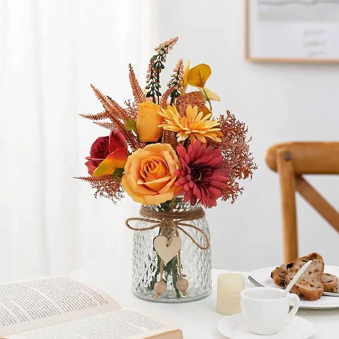 Artificial Flowers with Vase, Faux Silk Flowers Arrangement in Vase, Rustic Home Office Decorations, Farmhouse Dining Table Decor, Coffee Table Centerpiece, Fall Table Plant Decor by GreenHaven Gardens