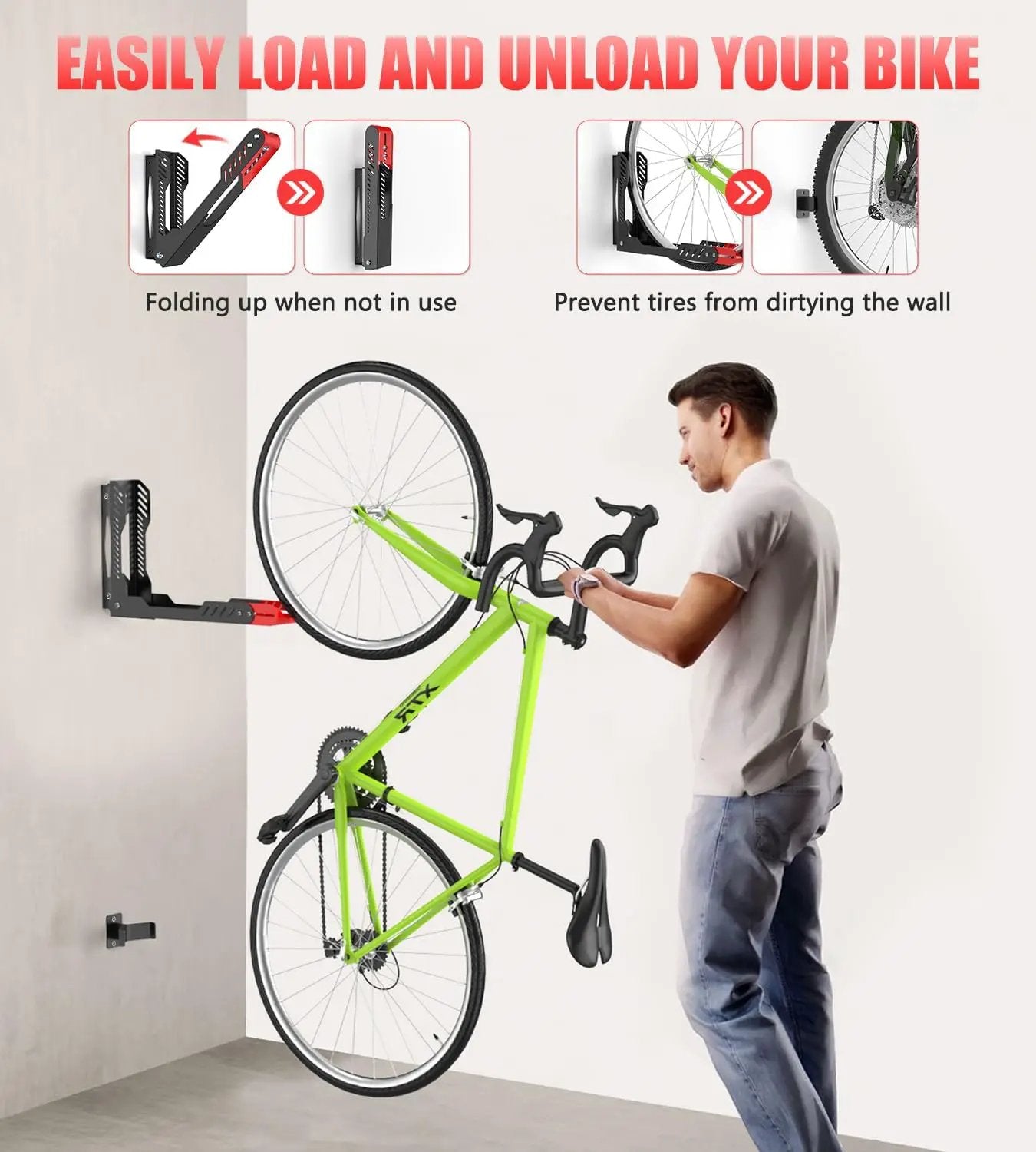 Swivel Bike Wall Mount, Space Saving Bike Rack Garage, No Heavy Lifting Required Bicycle Wall Mount, Vertical Wall Bike Hanger Can Holds up to 77 lbs, Red by GreenHaven Gardens