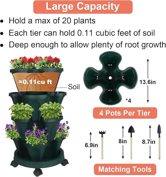 Vertical Planter 4 Tier Stackable Planters Garden Planters Strawberry Herb Flower and Vegetable Planter Indoor Outdoor Gardening Pots with Removable Wheels and Tools 2-Pack by GreenHaven Gardens
