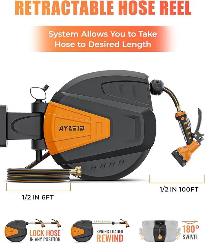 Ayleid Retractable Garden Hose Reel,1/2 in x 100 ft Wall Mounted Hose Reel, with 9- Function Sprayer Nozzle, Any Length Lock/Slow Return System/Wall Mounted/180°Swivel Bracket (Black) by GreenHaven Gardens