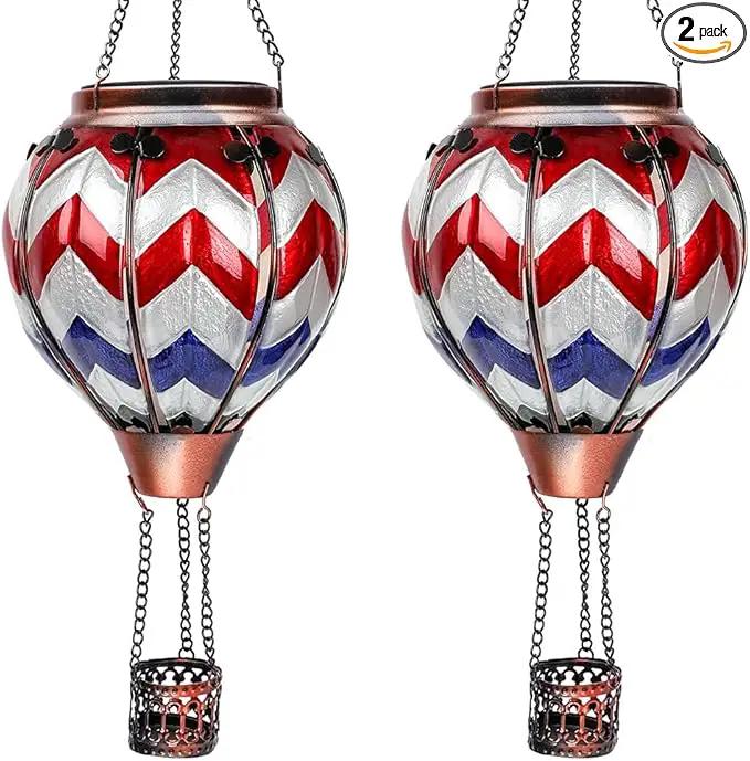 2PC Hot Air Balloon Solar Lantern with 2PC Shepherd Hook, Flickering Flame Hanging Solar Lanterns Outdoor Lights Waterproof Lanterns for Garden Patio Yard Party Decor (Wavy-Gray&Navy&Red) by GreenHaven Gardens
