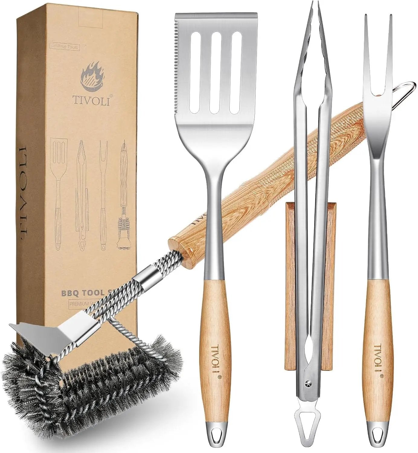 TIVOLI 4PCS Grilling Accessories, Heavy Duty BBQ Tool Set with Stainless Steel Spatula, Tongs, Fork, Cleaning Brush, Wood Handles Barbecue Utensils Kit for Outdoor, Perfect Grill Gifts for Dad Men by GreenHaven Gardens