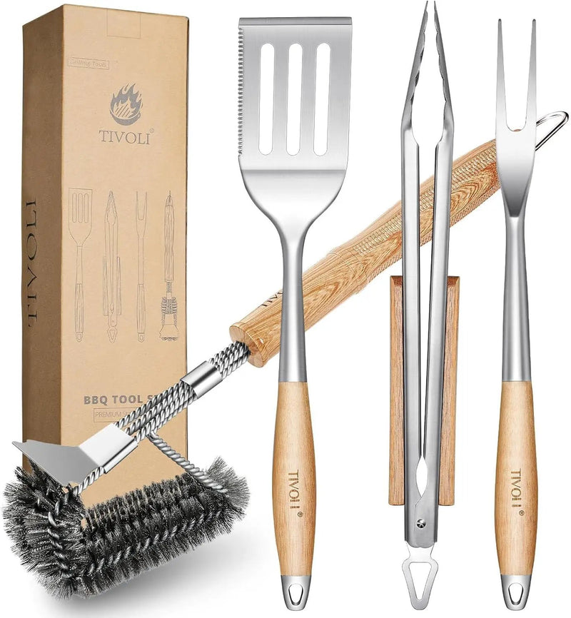 TIVOLI 4PCS Grilling Accessories, Heavy Duty BBQ Tool Set with Stainless Steel Spatula, Tongs, Fork, Cleaning Brush, Wood Handles Barbecue Utensils Kit for Outdoor, Perfect Grill Gifts for Dad Men by GreenHaven Gardens